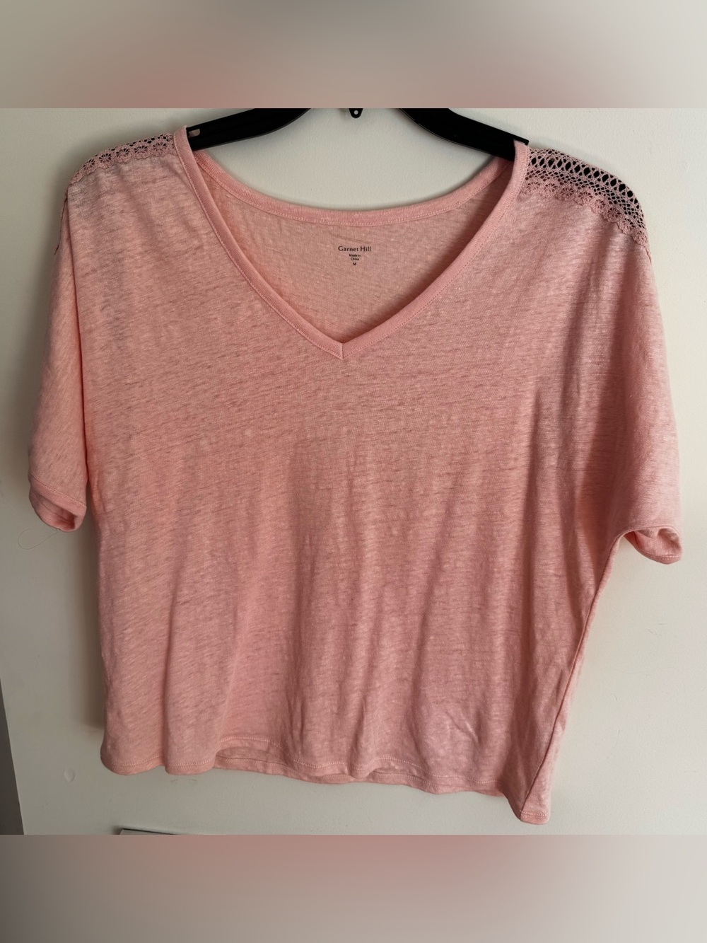 Garnet Hill Abilene Organic Linen Tee Shirt Pink Crochet Lace Relaxed Beach